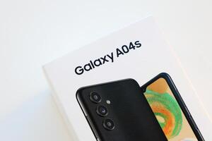 KYIV, UKRAINE - 4 MAY, 2023 Samsung Galaxy A04 Android smartphone has 6.5-inch PLS LCD panel with Infinity-V design photo