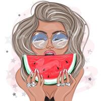 Woman with watermelon summer fashion vector illustration