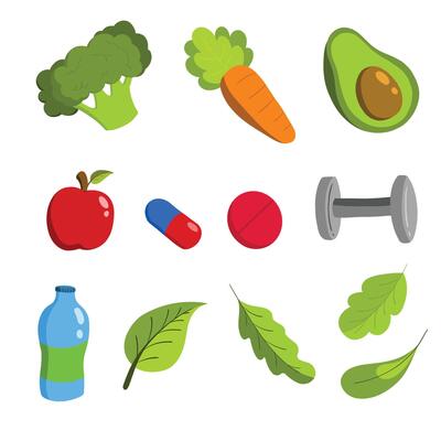 Isolated set of food icons featuring vegetables like carrot, tomato, eggplant, broccoli, and fruit Vector illustration for a healthy