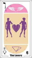 Egyptian tarot card number six, called The Lovers. Silhouette of Michelangelo's David. vector