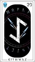 Viking tarot card with runic alphabet. runic lettering called Eithwaz next to a pair of spears isolated on black. vector