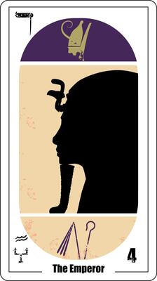 Egyptian tarot card number four, called The Emperor. Tutankhamun profile silhouette.