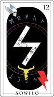 Viking tarot card with runic alphabet. Letters called Sowilo along with a horned animal and a thunderbolt symbol. vector