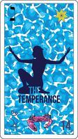 Egyptian tarot card number fourteen, called Temperance. Silhouette of woman with open arms on water texture and a crab. vector