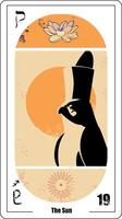 Egyptian tarot card number nineteen called The Sun. Illustration of a falcon next to the solar disk with warm colors. vector