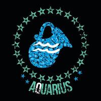 T-shirt design of the Aquarius sign surrounded by a circle of stars and a jug of celestial water on a black background vector