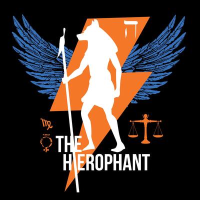 Hierophant. Design for t-shirt of Egyptian god with dog head on a thunder symbol with wings on a black background