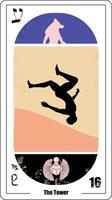 Egyptian tarot card number sixteen, called the tower. Silhouette of person falling. vector