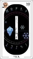 Viking tarot card with runic alphabet. Runic letter called Isa next to an iceberg and the symbol of ice isolated on black. vector