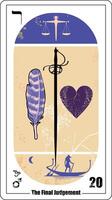 Egyptian tarot card number twenty, called The Last Judgment. Vertical sword, a feather and a heart in bluish and orange colors. vector