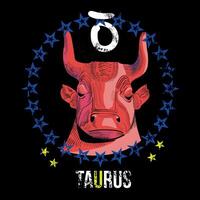 T-shirt design of the Taurus symbol along with the head of an ancient bull and a circle of blue stars on a black background. vector