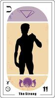 Egyptian tarot card number eleven, called The Force. Silhouette of David by Michelangelo on light orange background. vector