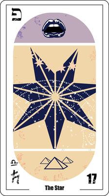 Egyptian tarot card number seventeen, with a seven-pointed star in bluish and orange colors.