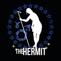 The hermit. T-shirt design of the silhouette of Jesus by Titian surrounded by a circle of stars and the symbols of Mars and Aries. vector