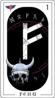 Viking tarot card with runic alphabet. Runic letter called Fehu next to a Viking skull. vector