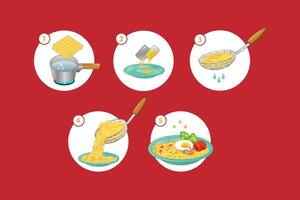 Vector color illustration of making instant noodle or ramen for packaging, recipe book, menu. Step by step how to cooking fried instant noodle