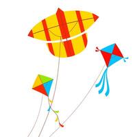 Kite vector illustration isolated on white background. Colorful kites tied to strings and blown in the wind.