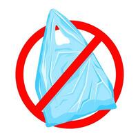 Vector illustration of plastic bag with red circle marked prohibition isolated on white background. Pollution problem concept. Say no to plastic bags.