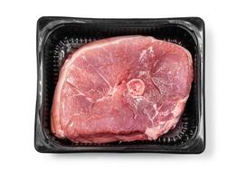 Lamb meat steaks boneless leg in styrofoam packaging tray photo