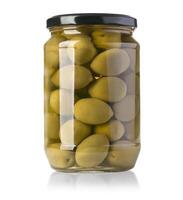 Green olives on a white background in bottle photo