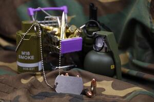 Rifle cartridges in small shopping cart. Big caliber ammo cartridges and hand grenades with a small shopping basket photo