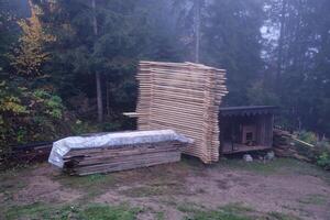 Stacked Wood Planks outdoors in forest area. Industrial timber for carpentry building repairing photo