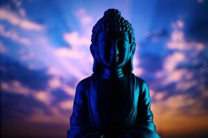 Buddha Purnima and Vesak day concept, Buddha statue with low key light against beautiful and colorful background. Meditation photo