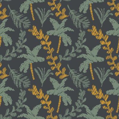 Hand drawn scribble tropical palm tree and leaves seamless pattern