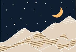 vector noche paisaje en un montaña con un creciente Luna en el cielo
