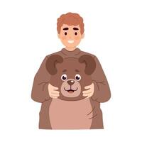 Waist-up portrait of a man in a cute bear costume, holding the costumes head in his hands. vector