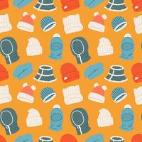 Seamless pattern with various headwear on a orange background. vector