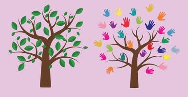 two trees with green leaves and multi-colored hands on a light background. family concept vector