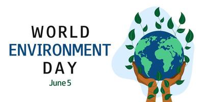 Hands holding the planet. World Environment Day. June 5. Save earth. Template for banner, flyer, presentation, card, poster. Vector illustration.