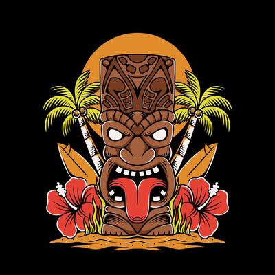 tiki illustration, tiki beach, summer design for apparel