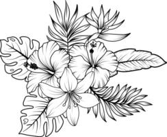 Tropical wreath with hand drawn outline leaves and tropical flowers, garden flowers and insects in sketch style. vector