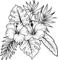 Tropical wreath with hand drawn outline leaves and tropical flowers, garden flowers and insects in sketch style. vector