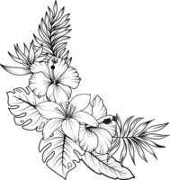 Tropical wreath with hand drawn outline leaves and tropical flowers, garden flowers and insects in sketch style. vector