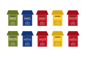 A set of red, yellow, blue and green mailboxes with a compartment for newspapers and letters. Colored mailboxes with an envelope sign and the inscription mail in several languages. Vector illustration