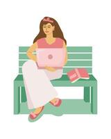 A young female freelancer or student in a good mood works at a laptop on a bench in the summer. Wireless technologies, business, remote work, studing. Vector color illustration.