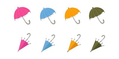 Set of women's bright umbrellas, an accessory for protection from rain and wind, green, pink, yellow and blue. Umbrellas open and folded. Colored vector illustration