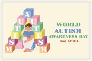 A boy wearing headphones sits in a house made of a cube with letters spelling out the word autism and the inscription - World Autism Awareness Day, April 2. Banner, vector illustration.