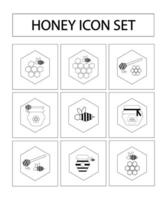 Set of icons on the theme of honey and beekeeping - bees, flowers, beehive, jars of honey, honeycombs inside polygons. Flat vector illustration in black and white colors