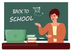 A female teacher stands at the blackboard and table with a laptop and books. On the blackboard there is a chalk inscription Back to School. Education, school, study. Vector color illustration