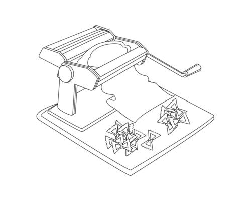 Manual machine for rolling out dough, preparing pasta and dumplings. Kitchen appliances. Vector black and white contour illustration