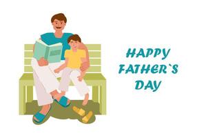 Banner, vector illustration for dad's day with inscription - happy father's day. A father sits with a book next to his son on a bench. Dad hugs his son and smiles at him.