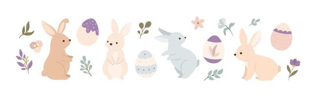 Easter bunnies in different poses with eggs and flowers vector