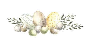 Watercolor Easter composition with green grasses, light and yellow eggs of different sizes. Easter holiday illustration hand drawn. Sketch on isolated background for greeting cards, invitations vector