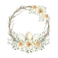 Watercolor Easter wreath of spring branches, with green leaves, daffodils and eggs. The illustration is hand drawn on an isolated background. Drawing for greeting cards, invitations, posters vector