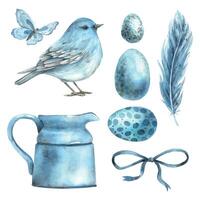 Watercolor set on an Easter theme in blue shades bird, eggs, bow, butterfly, jug Illustrations hand drawn on isolated background vector