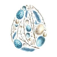 Watercolor composition in the form of an Easter egg in blue and white shades willow, eggs, feathers and butterflies. Hand drawn illustrations on isolated background for greeting cards, invitations, vector